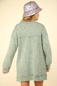 Very J OVERSIZED Mineral Washed Sweatshirt Mini Dress in Sage