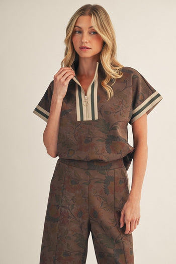 Jodifl Color Rib Band Contrast Zip Up Floral Top in Brown