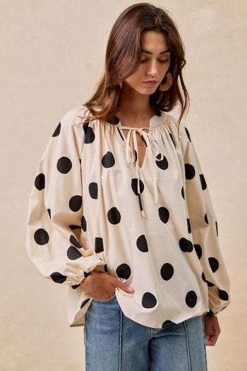BiBi Two Toned Polka Dot Print Exaggerated Balloon Sleeve Top in Oatmeal/Black