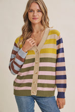 Load image into Gallery viewer, In February Playful Color Story Multi Color Stripe Button-down Cardigan in Natural/Olive Mix

