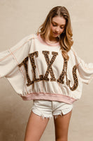 BiBi OVERSIZED Top with Leopard Print Letter Patchwork TEXAS  in Oatmeal/D.Rose