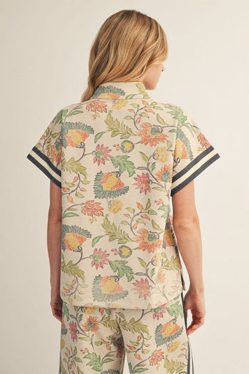Jodifl Color Rib Band Contrast Zip Up Floral Top in Oatmeal