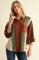 Jodifl Colorblock Crinkle Button-Down Top in Brown Mix