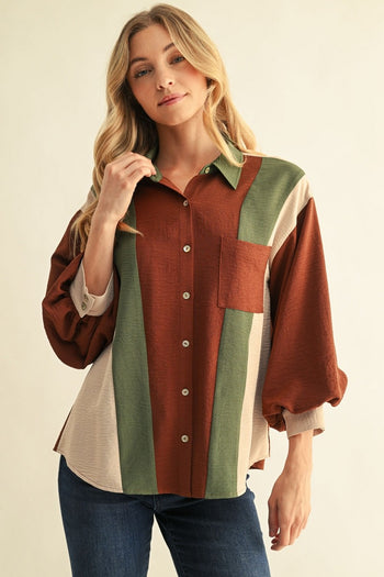 Jodifl Colorblock Crinkle Button-Down Top in Brown Mix