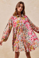 BiBi Floral Print Button Front Mini Dress in Rose Mix