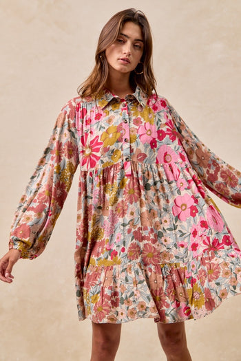 BiBi Floral Print Button Front Mini Dress in Rose Mix