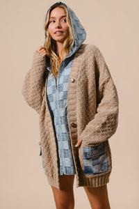 BiBi Cable Knit and Checkered Denim Zip Up Cardigan in Latte/Denim