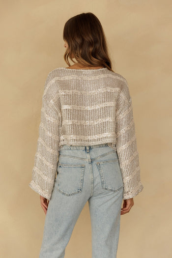 Storia Sequin Stripe Open Knit Top in Silver