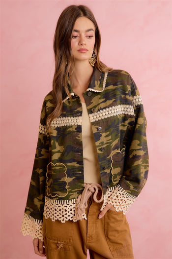 BiBi Boho Lace Trim Camo Shacket in Camouflage