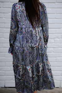 Umgee Paisley Print Midi Dress with Contrasting Print Neckline in Blue Dress Umgee   