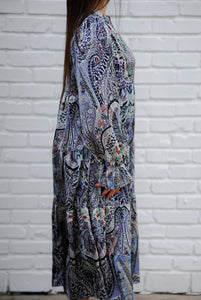 Umgee Paisley Print Midi Dress with Contrasting Print Neckline in Blue Dress Umgee   