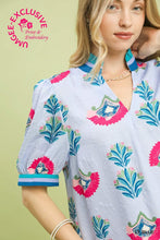 Load image into Gallery viewer, Umgee Print Puff Sleeve Blouse with Contrast Trim in Lt. Blue
