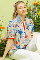 Umgee Jacquard Bloomscape Print Top in Blue Mix