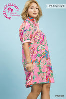 Umgee Jacquard Paisley Print Puff Sleeve Tunic Dress in Pink Mix