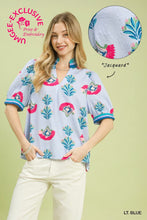 Load image into Gallery viewer, Umgee Print Puff Sleeve Blouse with Contrast Trim in Lt. Blue
