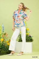 Umgee Jacquard Bloomscape Print Top in Blue Mix