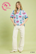 Load image into Gallery viewer, Umgee Print Puff Sleeve Blouse with Contrast Trim in Lt. Blue
