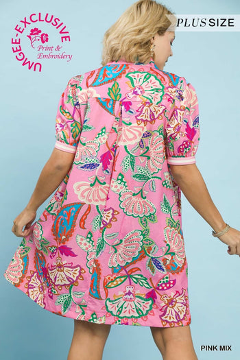 Umgee Jacquard Paisley Print Puff Sleeve Tunic Dress in Pink Mix
