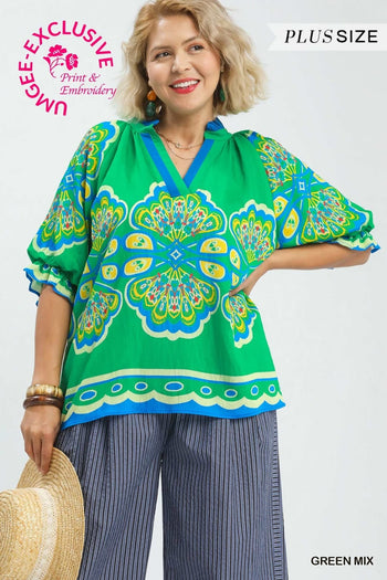 Umgee Boho Print Top in Green ON ORDER