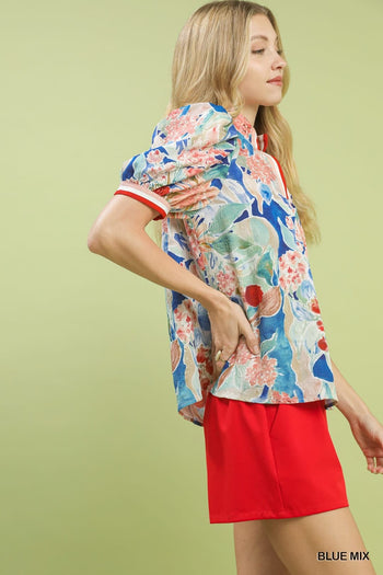 Umgee Jacquard Bloomscape Print Top in Blue Mix