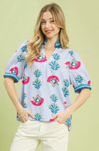 Load image into Gallery viewer, Umgee Print Puff Sleeve Blouse with Contrast Trim in Lt. Blue
