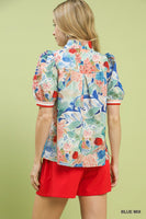 Umgee Jacquard Bloomscape Print Top in Blue Mix