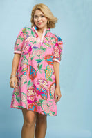 Umgee Jacquard Paisley Print Puff Sleeve Tunic Dress in Pink Mix