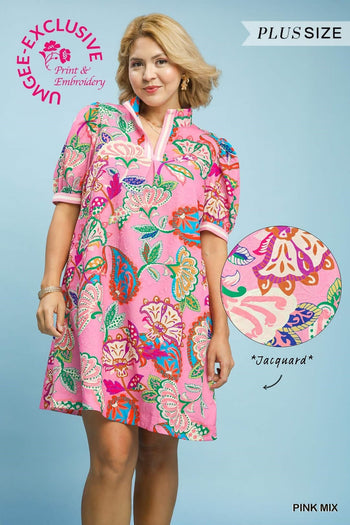 Umgee Jacquard Paisley Print Puff Sleeve Tunic Dress in Pink Mix