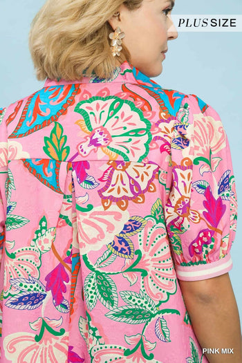 Umgee Jacquard Paisley Print Puff Sleeve Tunic Dress in Pink Mix