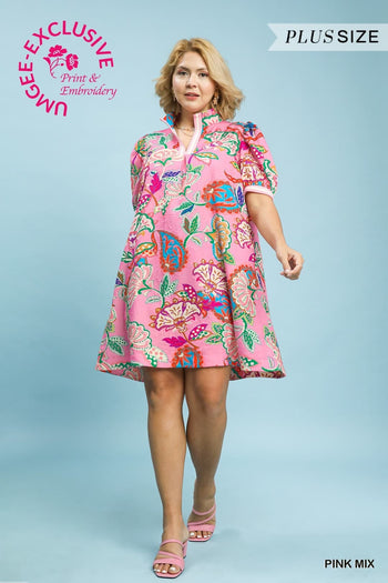 Umgee Jacquard Paisley Print Puff Sleeve Tunic Dress in Pink Mix