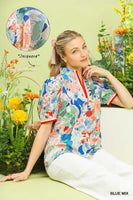 Umgee Jacquard Bloomscape Print Top in Blue Mix