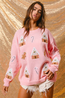 BiBi Solid Color Knit Sweater with Christmas Theme Patches in Light Pink