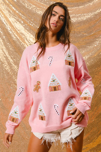 BiBi Solid Color Knit Sweater with Christmas Theme Patches in Light Pink