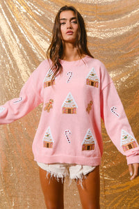 BiBi Solid Color Knit Sweater with Christmas Theme Patches in Light Pink