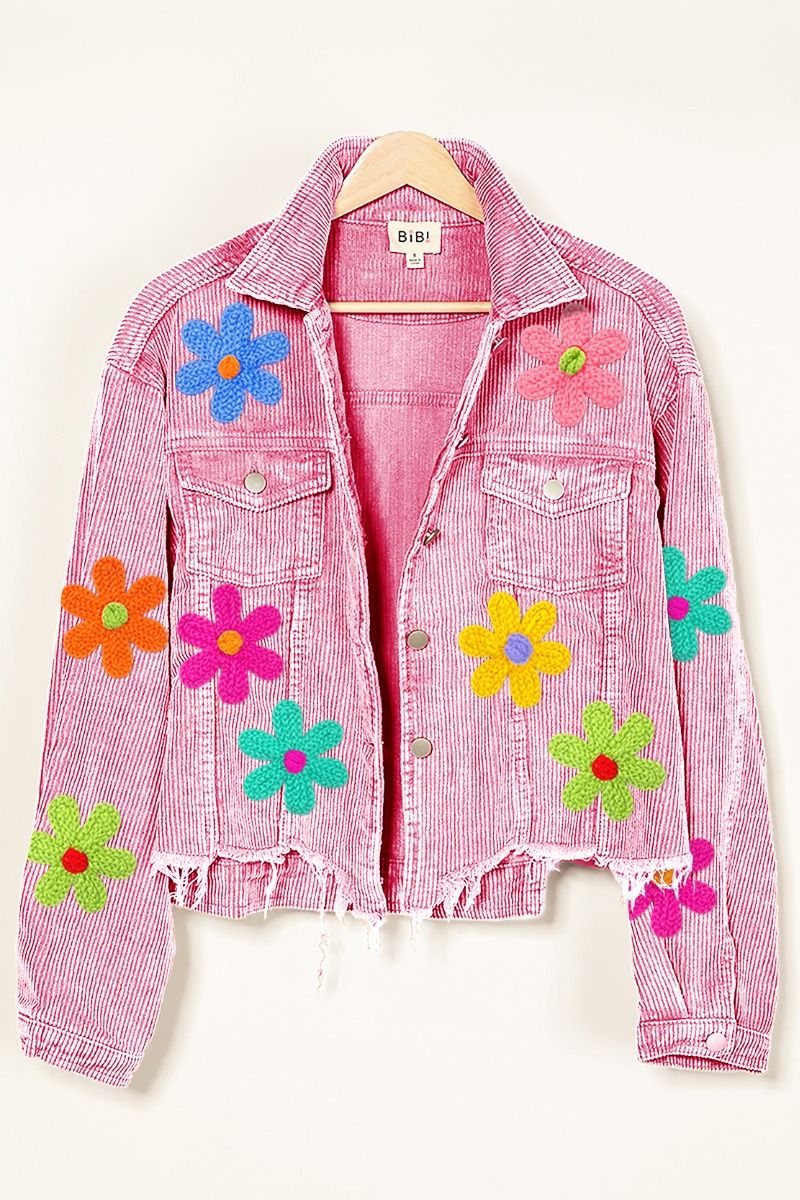 BiBi Corduroy Jacket with Multi Colored Flower Crochet Patches in Light Pink