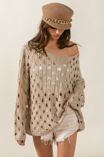 BiBi Hollow Out Detailed Knit Top in Oatmeal Top BiBi   