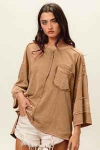 BiBi Solid Color Jersey Knit and Gauze Top in Taupe