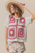 Load image into Gallery viewer, BiBi Open Knit Granny Square Pattern Top in Ivory/Fuchsia
