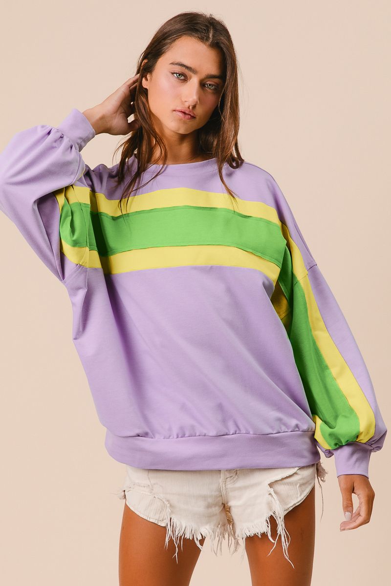 BiBi French Terry Color Block Top in Lavender/Lemon/Green