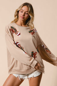 BiBi Christmas Fleece Top with Sequin Gingerbread Man Patches in Oatmeal ON ORDER