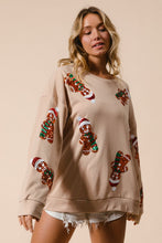 Load image into Gallery viewer, BiBi Christmas Fleece Top with Sequin Gingerbread Man Patches in Oatmeal ON ORDER
