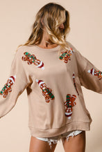 Load image into Gallery viewer, BiBi Christmas Fleece Top with Sequin Gingerbread Man Patches in Oatmeal ON ORDER
