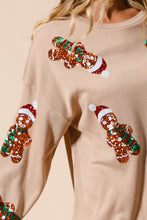 Load image into Gallery viewer, BiBi Christmas Fleece Top with Sequin Gingerbread Man Patches in Oatmeal ON ORDER
