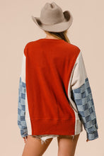 Load image into Gallery viewer, BiBi OVERIZED Colorblock Top with Checkered Denim Sleeves in Rust Mix
