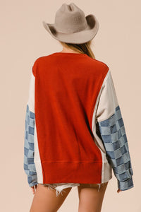 BiBi OVERIZED Colorblock Top with Checkered Denim Sleeves in Rust Mix