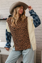 Load image into Gallery viewer, BiBi OVERIZED Solid and Leopard Print Colorblock Top with Checkered Denim Sleeves in Camel Mix
