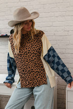 Load image into Gallery viewer, BiBi OVERIZED Solid and Leopard Print Colorblock Top with Checkered Denim Sleeves in Camel Mix
