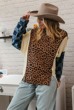 Load image into Gallery viewer, BiBi OVERIZED Solid and Leopard Print Colorblock Top with Checkered Denim Sleeves in Camel Mix
