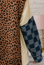 Load image into Gallery viewer, BiBi OVERIZED Solid and Leopard Print Colorblock Top with Checkered Denim Sleeves in Camel Mix
