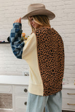 Load image into Gallery viewer, BiBi OVERIZED Solid and Leopard Print Colorblock Top with Checkered Denim Sleeves in Camel Mix
